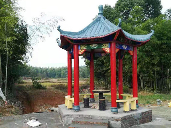 景区水泥凉亭怎么做，广场六角凉亭制作过程，新农村建设公园仿古凉亭